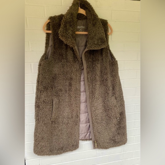 Calvin Klein Performance Gray Zippered Teddy Long Vest Jacket Padded Lining Sz L - Picture 1 of 16